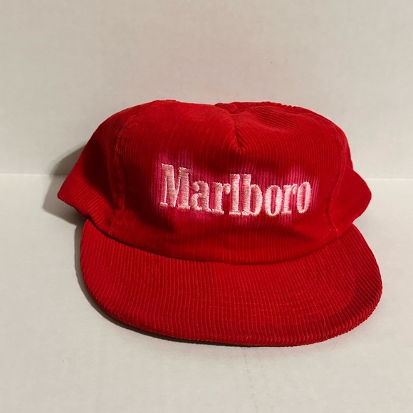 Marlboro Red Corduroy Hat. FLAWED -bleeding in logo mild bleach ring around logo - Picture 1 of 6